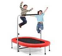 COSTWAY Mini Trampoline Pliable pour 2 Enfants Intérieur/Extérieur avec Main Courante Ajustable et Coussin de Sécurité Tapis de Saut Charge 150kg Rouge