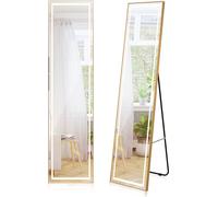 COSTWAY Miroir intégral 155cm, Miroir sur pied rectangulaire, Miroir mural avec cadre alu doré & film antidéflagrant, Miroir de porte à suspendre pour couloir chambre à coucher salon