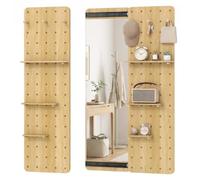 COSTWAY Miroir Mural Coulissant avec Panneau Perforé, 80x14x140 cm | Rangement Caché Modulable, Panneau en Bois, 3 Crochets, 3 Étagères Amovibles, Miroir Mural pour Entrée Chambre Salon