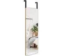 COSTWAY Miroir mural, miroir de porte, miroir suspendu avec cadre en bambou et coins arrondis, miroir de maquillage suspendu moderne avec 2 crochets pour l'entrée, le salon et la salle de bain (100cm