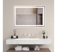 COSTWAY Miroir Salle de Bain 70 x 50 cm, Miroir Rectangulaire Anti-Buée, 3000-6000K, Luminosité Réglable, Miroir Maquillage, Affichage Temps, Miroir Mural, Interrupteur Tactile, Fonction Mémoire