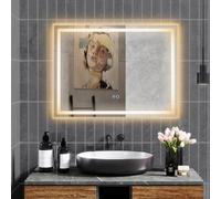 COSTWAY Miroir Salle de Bain avec Eclairage 80 x 60 cm, Miroir Mural Rectangulaire, 3 Couleurs, Luminosité Réglable, Miroir Maquillage Antidéflagrant, Interrupteur Tactile, Fonction Antibuée Mémoire