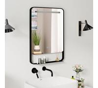 COSTWAY Miroir Salle de Bain avec Eclairage 88,5 x 50 cm, Étagère, Miroir Mural Rectangulaire Antibuée, 3 Couleurs de Lumière, Luminosité Ajustable, Cadre en Aluminium, pour Chambre Entrée (Noir)