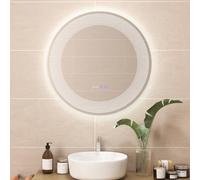 COSTWAY Miroir Salle de Bain LED à 3 Couleurs & Luminosité Réglable, Miroir Mural Anti-Buée, Miroir Lumineux avec Interrupteur Tactile et Fonction Mémoire, Affichage Temps/Température, IP44, Ø 60 CM