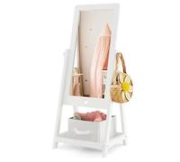 COSTWAY Miroir sur Pied Rotatif à 360° pour Enfants avec Bac de Rangement en Tissu, Miroir d'Habillage en Acrylique avec 2 Crochets