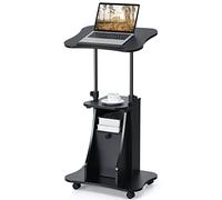 COSTWAY Mobile Lectern Podium Stand, Rolling Laptop Cart w/ 180° Tilting Tabletop, Storage Compartments & Lockable Casters, Stand Computer Stand Workstation for Home, Office, School (Black, Set of 1)
