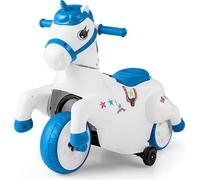 COSTWAY Moto électrique, Moto électrique 2 modes 3km/h, Cheval à bascule avec musique, LED & roues stabilisatrices, Véhicule électrique pour enfants à partir de 3 ans Bleu