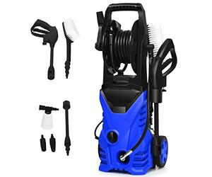 COSTWAY Nettoyeur Haute Pression 1500W 140Bar 300L/H avec avec 1 Buse Lotus et 1 Buse Haute Pression, Flexible 5 Mètres Roues et Poignée Centrale, Système de Connexion Rapide (Bleu)