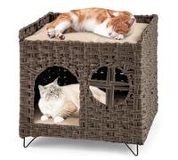 COSTWAY Niche Chat Pliable en Rotin PE, Maison pour Chat à 2 Niveaux, 2 Coussins Amovible, Couvercle Verrouillable, Pieds en Métal Surélevés, Meuble Chaton pour Salon Chambre, 50,5 cm x 45 cm x 50 cm