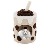 COSTWAY Niche Maison pour Chat d'Intérieur, Petit Condo avec Balle en Peluche, Arbre à Chat 37 CM avec Griffoirs Rotatif, Meuble 3 en 1 en Forme de Perle de Thé au Lait (Beige)