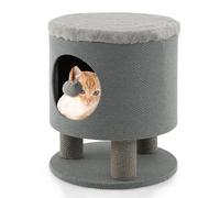 COSTWAY Niche Maison pour Chat d'Intérieur, Petit Condo avec Balle en Peluche, Arbre à Chat 47 CM, Meuble 3 en 1 avec Design de Tabouret, Griffoirs, Charge 60 KG, Gris