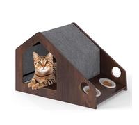 COSTWAY Niche pour Chat en Bois, Maison Chat avec Station d'alimentation, 2 Bols en Céramique, Toit en Oxford Amovible, Large Condo pour Chaton, Structure en Métal, Charge 30 kg, 60 x 40 x 40 cm