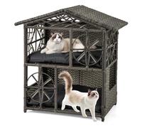 COSTWAY Niche pour Chat Exterieur en Rotin PE à 2 Étages, Maison pour Chat Interieur, 2 Coussins Amovibles, Toit, Fenêtres, Patins Antidérapants, pour Lapin Chaton, 69 x 40,5 x 70 cm