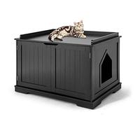 COSTWAY Niche pour Chats pour Intérieur, Maison pour Chats avec Chatière, 2 Compartiments, 1 Panneau Amovible et 2 Portes, 75 x 54 x 52cm, Charge Max 50KG, pour Animal de Compagnie (Noir)