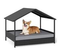COSTWAY Niche pour Chien Exterieur Interieur en Rotin PE, Coussin Amovible, Charge 60 kg, Chenil pour Chien Exterieur, Cadre en Métal, Base Surélevé, pour Petits&Moyens, 98 x 69 x 74 cm (Gris)