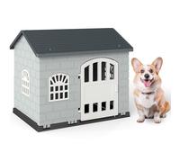 COSTWAY Niche pour Chien Exterieur Interieur, Porte Verrouillable, 3 Fenêtres, Cage Chien Chat en PP, Toit Incliné, Patins Antidérapants, Facile à Monter, pour Chiot Chat Lapin, 75 x 58 x 65 cm (Gris)