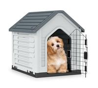 COSTWAY Niche pour Chien Exterieur Interieur, Porte Verrouillable Amovible, Toit Incliné, Cage Chien Chat en PP, Aérations à 3 Côtés, Trous de Drainage, pour Chiot Chat Lapin, 66,5 x 52 x 60cm (Gris)