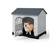 COSTWAY Niche pour Chien Pliable Exterieur Interieur, Plateau de Toilette Amovible, Porte Verrouillable, Cage Chien Chat en PP, 3 Fenêtres, Toit Incliné, pour Chiot Chat Lapin (75 x 57 x 68 cm,Gris)