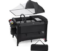 COSTWAY Pack pliable Lit d'appoint portable avec 4 hauteurs réglables, filet à baldaquin pour table à langer, espace de rangement en bas, arceau à jouets & sac de transport
