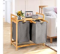 COSTWAY Panier à linge 2 compartiments en bambou, Trieur à linge avec étagère, Collecteur de linge extensible, Bac à linge pour salle de bain, salon, chambre, naturel