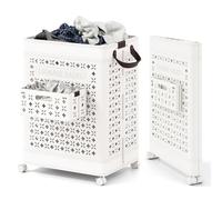 COSTWAY Panier à Linge Plastique a Roulette, Bac Linge Sale Pliable 75 L avec Petit Panier, 2 Poignées, 2 Crochets, Corbeille Pliable pour Vêtements, Blanc