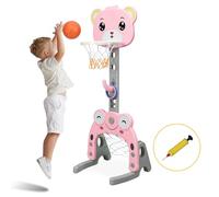 COSTWAY Panier de Basket Enfants 3 en 1 avec Hauteur Ajustable 133-158cm, Support de Basket Solide avec Motif de Ours et Grenouille, Anneau Amovible, But de Football Intérieur et Extérieur (Rose)