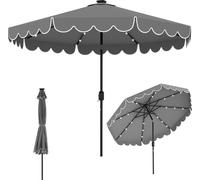 COSTWAY Parasol 300cm avec éclairage LED, Parasol de jardin avec manivelle, 8 baleines & volant, pliable des deux côtés à 35°, parasol de marché gris