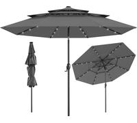 COSTWAY Parasol 300cm avec LEDs solaires & manivelle, parasol de jardin résistant au vent stable, parasol de marché pliable des deux côtés à 35°, parasol de balcon, gris