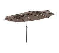 COSTWAY Parasol de Jardin Double 470 x 280 CM avec 48 LED à Énergie Solaire, Extra Large avec Manivelle, Parasol Jumeau avec Évents et Panneau Solaire à Chargement Automatique (Brun)