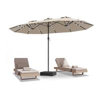 COSTWAY Parasol de Jardin Double 470 x 280CM avec 48 LED à Énergie Solaire, Extra Large avec Manivelle et Base Robuste, Parasol Jumeau avec Panneau Solaire à Chargement Automatique (Beige)
