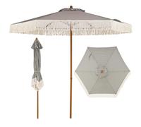 COSTWAY Parasol de Jardin Exterieur à Franges 210 cm, Parasol Balcon Bohème, Toile Ventilé en Polyester, 6 Baleines, Mât en Aluminium Grain de Bois, pour Plage Jardin Terrasse (Rayé Brun-Gris)