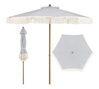 COSTWAY Parasol de Jardin Exterieur à Franges 210 cm, Parasol Balcon Bohème, Toile Ventilé en Polyester, 6 Baleines, Mât en Aluminium Grain de Bois, pour Plage Jardin Terrasse (Rayé Bleu-Blanc)