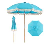 COSTWAY Parasol de Jardin Extérieur avec Franges 180 cm, Parasol Plage Inclinable, 8 Baleines Robustes, 30° Inclinaison, Ouverture Automatique, Style Bohème, pour Balcon Terrasse Piscine (Bleu)