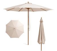 COSTWAY Parasol de Terrasse en Bois de 300 cm, avec 8 Baleines en Bambou, 3 Hauteurs Réglables, Poulie de Levage à Corde, Beige