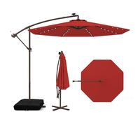 COSTWAY Parasol Déporté 3 x 3M Lumineux Solaire avec 2 Sacs de Sable, Base Croisée, Inclinable avec Manivelle, pour Balcon Jardin Terrasse Plage (Rouge)