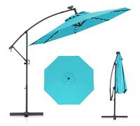 COSTWAY Parasol Déporté Professionnel 3M, Grand Parasol de Jardin Extérieur 32 LED Solaire avec Manivelle, Inclinable et Rotation à 360°, Base Croisée, pour Patio, Terrasse, Balcon (Turquoise)