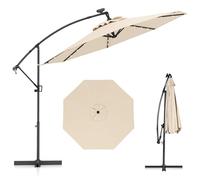 COSTWAY Parasol Déporté Professionnel 3M, Parasol de Jardin Extérieur 32 LED Solaire avec Manivelle, Inclinable et Rotation à 360°, Socle en Croix, pour Patio, Terrasse, Balcon (Beige)