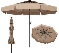 COSTWAY Parasol LED 300cm, parasol de jardin à 3 étages avec manivelle & volant, pliable des deux côtés à 35°, parasol de marché résistant au vent stable Taupe