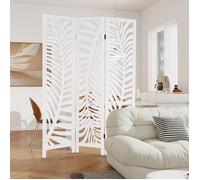COSTWAY Paravent 3 Panneaux H170 cm-Cloison de Séparation Pièce sur Pied en Bois de Paulownia,Motifs Feuilles de Palmier Blanc