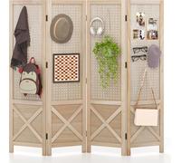 COSTWAY Paravent avec tableau à encastrer, 153,5 x 144cm, Séparation de pièce pliable, 4 panneaux de séparation cadre en bois, protection visuelle intérieur extérieur, décoratif, naturel