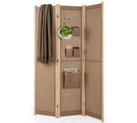 COSTWAY Paravent Interieur 3 Panneaux 121 x 170 cm, Separateur de Pieces Pliable, Lin Synthétique, 4 Sacs de Rangement, 2 Crochets, Closion de Separation Interieur pour Chambre Salon Bureau, Naturel