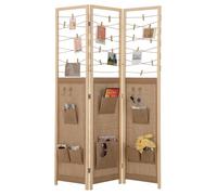 COSTWAY Paravent Interieur 3 Panneaux 170 × 120 cm, Separateur de Pieces Pliable en Bois, 8 Poches, 4 Crochets, 20 Pinces, Cordes en Jute, Closion de Separation Interieur pour Salon Bureau Chambre