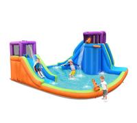 COSTWAY Parc Aquatique Gonflable - Double Toboggan avec 4 Arroseurs et 2 Pistolets à Eau et Piscine à Éclaboussures Mur d'Escalade