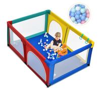 COSTWAY Parc Bébé 120x190x68CM avec 2 Anneaux 2 Portes à Fermeture Eclair 50 Balles Pieds Antidérapantes Filet Respirant Colorée