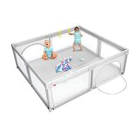 COSTWAY Parc Bébé, Aire d'Activités Portable pour Enfants avec Porte de Sécurité, Parois en Maille Respirante, Ventouses Antidérapantes et 50 Boules Colorées (206 x 185,5 x 68 cm, Gris)