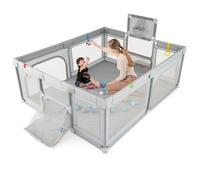 COSTWAY Parc Bebe avec 50 Balles Océaniques, Parc Enfant avec Panier de Basket, But de Football, Porte Zippée, 4 Anneaux de Traction, Clôture Portable pour 0-3 Ans (Gris Clair,88 x 157 x 100 cm)