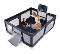 COSTWAY Parc Bebe avec 50 Balles Océaniques, Parc Enfant avec Panier de Basket, But de Football, Porte Zippée, 4 Anneaux de Traction, Clôture Portable pour 0-3 Ans (Gris Foncé,88 x 157 x 100 cm)