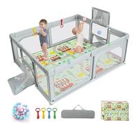 COSTWAY Parc Bébé avec Tapis et 50 Balles Océaniques, Clôture Large pour Tout-Petits avec Panier de Basket, Centre d'Activités pour Bébé avec 4 Anneaux de Traction, 188×157×69CM (Gris Clair)