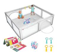 COSTWAY Parc Bébé en Tissu Oxford avec Tapis Licorne Antidérapant, Centre d'Activité Enfants avec 4 Poignées, Maille Respirante, 50 Boules, Sac de Transport pour Bébé 0-3 Ans(206 x 185,5 x 68 cm)