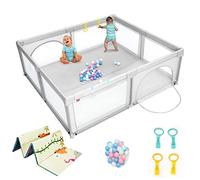 COSTWAY Parc Bébé en Tissu Oxford avec Tapis Zoo Antidérapant, Centre d'Activité Enfants avec 4 Poignées, Maille Respirante, 50 Boules, Sac de Transport pour Bébé 0-3 Ans(206 x 185,5 x 68 cm)